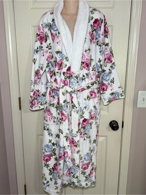 Charter Club Women’s Plush Robe Multicolor Floral White Wrap Cottage Core Large